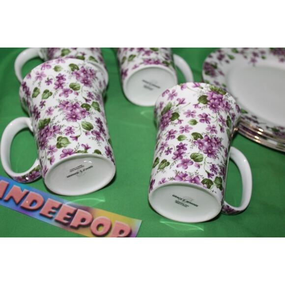 8 Piece Violets Purple Floral Grace's Teaware 4 Mugs 4 Plates Tea Coffee Serving - Picture 8 of 13